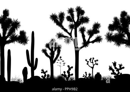 Desert seamless pattern with silhouettes of joshua trees, opuntia, and saguaro cacti. Black and white background. Vector illustration Stock Vector