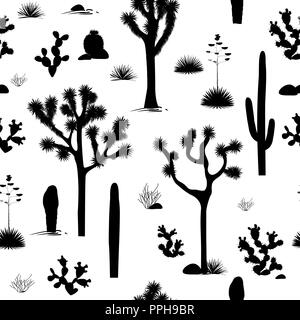 Stylish seamless pattern with silhouettes of joshua trees, opuntia, and saguaro cacti. Black and white desert background. Vector illustration Stock Vector