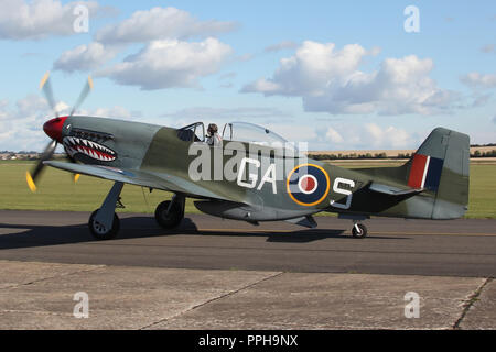 The Norwegian operated P-51D Mustang operated in RAF markings taxiing in after a air display at Duxford, Cambridgeshire. Stock Photo