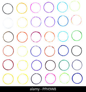 closeup of many little hand drawn multicolored circles illustration with stains and blots on white background, usage in graphic design and other creat Stock Photo
