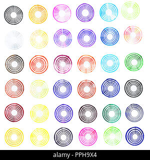 closeup of many little hand drawn multicolored circles illustration with stains and blots on white background, usage in graphic design and other creat Stock Photo