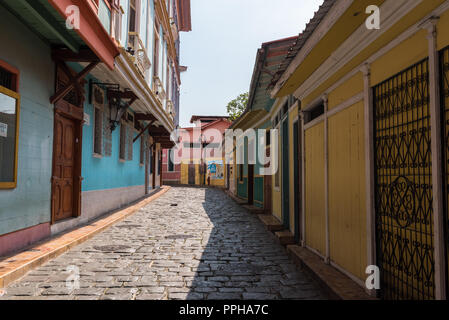 Guayaquil, Ecuador--April 15, 218. An empty and colorful cobblestone street in Guayaquil, Ecuador. Stock Photo