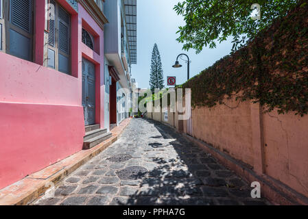 Guayaquil, Ecuador -- April 15, 2018. A wide angle shot of a side street in Guayaquil, Ecuador. Stock Photo