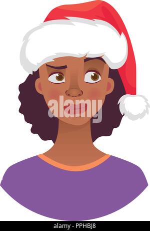 Christmas woman in santa claus hat. Emotions of african american woman face. Facial expression. African girl vector illustration Stock Vector