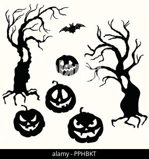Vector Halloween carving face pumpkin lantern and tree stencil isolated on the white background. Laser cutting template Stock Vector