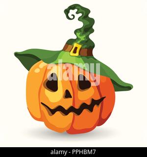 Cartoon style vector Halloween pumpkin wearing green witch hat. Scary face isolated on the white background. Stock Vector