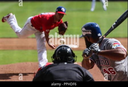 John Brownell pitcher inicial de Puerto Rico , durante el partido de beisbol de la Serie del Caribe entre Republica Dominicana vs Puerto Rico en el Nu Stock Photo