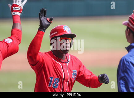 Rusney Castillo de Puerto Rico celebra carrera, durante el partido de beisbol de la Serie del Caribe entre Republica Dominicana vs Puerto Rico en el N Stock Photo