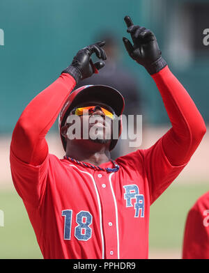 Rusney Castillo de Puerto Rico celebra carrera, durante el partido de beisbol de la Serie del Caribe entre Republica Dominicana vs Puerto Rico en el N Stock Photo