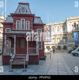 September 2018. Transitional Object (PsychoBarn) by Cornelia Parker RA installed in the courtyard of the Royal Academy of Arts, London UK Stock Photo