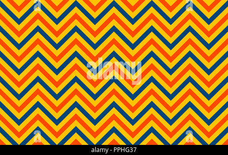 Retro chromatic pattern of chevron lines in orange and blue against a yellow background, graphic resource as abstract background Stock Photo