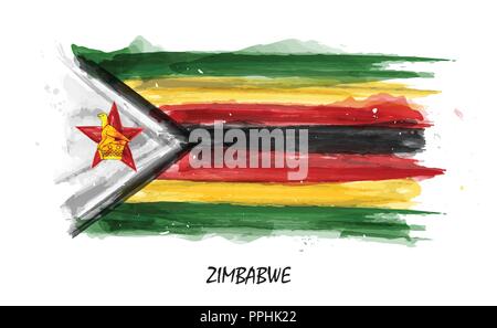 Realistic watercolor painting flag of Zimbabwe . Vector . ( Not auto trace . Use watercolour brush ) . Stock Vector