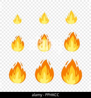 Vector fire sprites illustration for animation frames. Use in game development, mobile games or motion graphic. Bonfire, burning, explosion, torch, campfire on transparent background Stock Vector