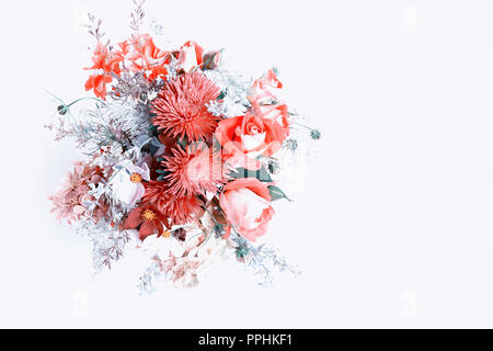 Bouquet of flowers in red. Roses, berries, chrysanthemum, asters, kosmeja, hydrangea, wormwood. Flower composition on white background. Flat lay top view. Stock Photo