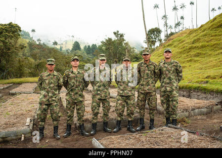 9/10 PHOTO ESSAY: Group photo portrait of young military men. The National Army working on wax palm plantation in Cocora Valley, Colombia. 13 Sep 2018 Stock Photo