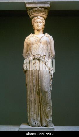 Caryatid from the Erechtheion. Draped female figure as supporting column. Classic period. 5th century BC. Acropolis of Athens, Greece. British Museum. London, United Kingdom. Stock Photo