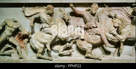 Alexander Sarcophagus  (325-311 BC). Alexander The Great fighting a Persian. Royal Necropolis of Saida. Archaeology Museum, Istanbul. Turkey. Stock Photo