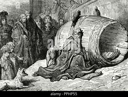 Diogenes (412-323 B.C.). Greek philosopher. One of the founders of Cynic philosophy. Also known as Diogenes the Cynic. Diogenes shelters in his barrel. Engraving by Gustave Dore. Stock Photo