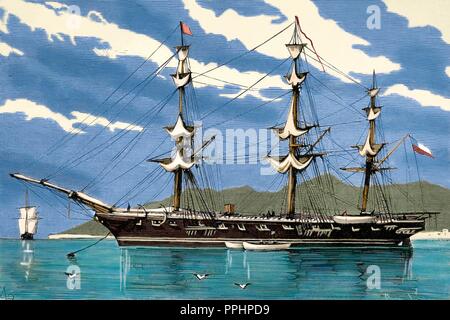 War of the Pacific (1879-1883). Western South America with Bolivia and Peru in front of Chile as a belligerants. Chilean corvette 'Esmeralda' Engraving by Capuz. La Ilustracio n Espan ola y Americana, 1879. Colored. Stock Photo