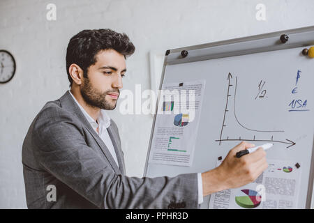 handsome businessman drawing chart on flipchart with marker pen in office Stock Photo