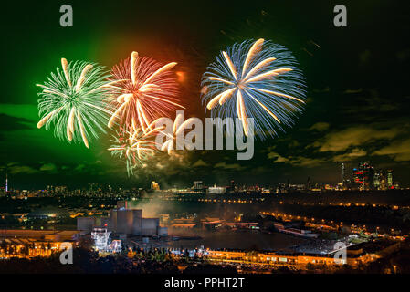 Moscow, Russia - September 25, 2018: Colorful fireworks for free open air international festival 'Circle of light' by decorations and fountains on Gre Stock Photo