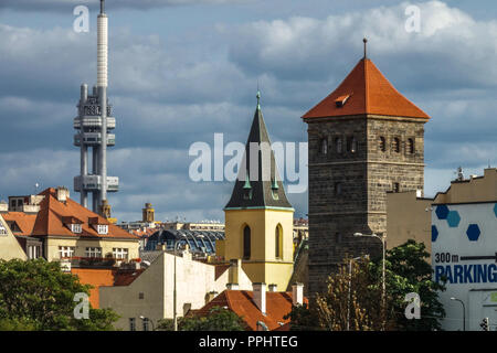 Prague Zizkov TV Tower over the Town Roofs and Old Towers, Prague Cityscape Stock Photo