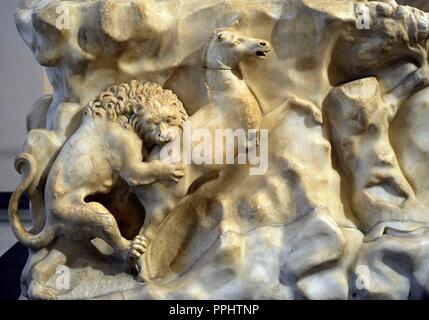 The Farnese Bull. Roman copy (3rd century AD) of a Hellenistic sculpture. Myth of Dirce. Base. Relief. Hunting scene. From baths of Caracalla, Rome. National Archaeological Museum, Naples. Italy. Stock Photo