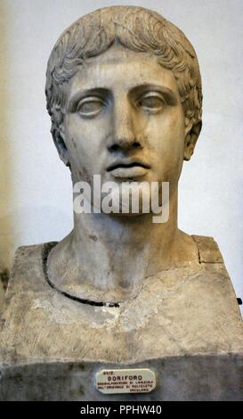 Doryphoros of Polykleitos. Greek statue, Classical era. C. 440 BC. Roman copy. Head. National Archaeological Museum, Naples. Italy. Stock Photo