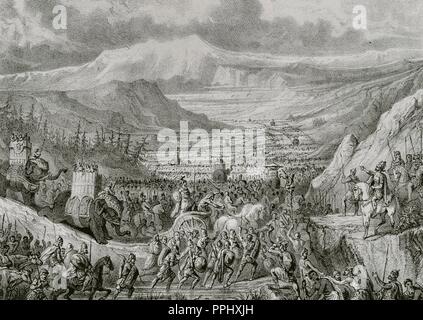 Second Punic War (218-201 BC). War between Romans and Carthaginians for the domination of the Mediterranean. The Carthaginian general Hannibal (ca.247-183 BC) during the crossing of the Alps. Engraving.