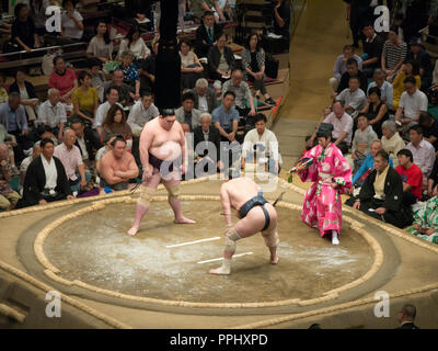 Tokyo, Japan. September 9, 2018. : Judge and sumo wrestlers in the Tokyo Grand Sumo Tournament in 2018. Stock Photo