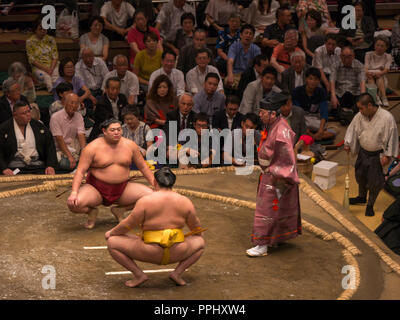 Tokyo, Japan. September 9, 2018. : Judge and sumo wrestlers in the Tokyo Grand Sumo Tournament in 2018. Stock Photo