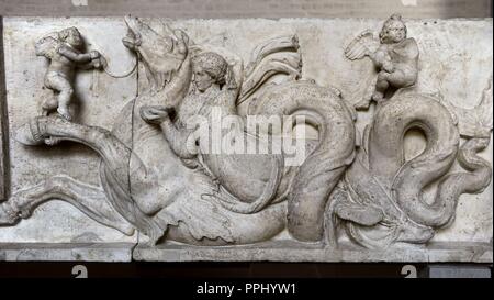 Altar of Domitius. At the base is depicting the wedding of Poseidon and Amphitrite. Ca. 150 BC. Detail of the nuptial courtship with a Nereid on a hippocampus bringing a present and winged erotes. Glyptothek Museum. Munich. Germany. Stock Photo