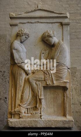 Greek art. Grave relief of Mnesarete. About 380 BC. The dead woman is seated in front of a sorrowing girl. The name is recorded on the pediment Mnesarete (daughter) of Socrates. Glyptothek. Munich. Stock Photo