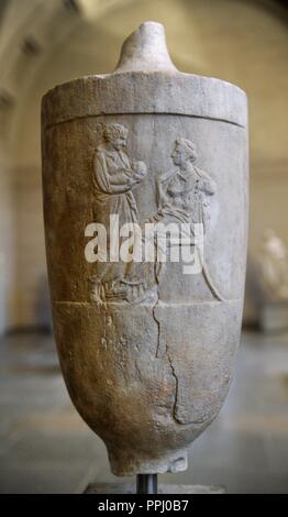 Greek art. Grave monument of Archippe in the form of a lekythos. About 390 BC. The seated dead woman, a woman (Xeno) with child. Glyptothek. Munich. Germany. Stock Photo