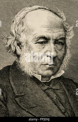 Rowland Hill (1795-1879). British teacher and creator of the first postage stamp, the Penny Black. Engraving by Capuz in The Spanish and American Illustration, 1879. Stock Photo