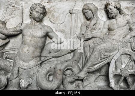 Roman Art. Altar of Domitius Ahenobarbus or ÒStatue Base of Marcus AntoniusÓ, relief freize of a monumental statue group base. Sea thiasos for the wedding of Poseidon and Amphitrite, 2nd half of the 2nd century BC. (about 150 B.C.). Detail: Poseidon and Amphitrite in the bridal carriage, drawn by two Tritons playing music. (front panel). Glyptothek. Munich. Germany. Stock Photo