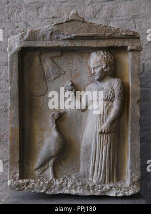 Greek art. Grave of Plangon 'doll'. About 310 BC. The girl holds a bird and a doll. Glyptothek. Munich. Germany. Stock Photo