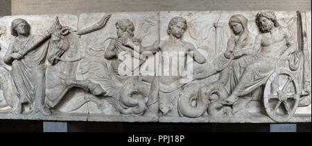 Roman Art. Altar of Domitius Ahenobarbus or ÒStatue Base of Marcus AntoniusÓ, relief freize of a monumental statue group base. Sea thiasos for the wedding of Poseidon and Amphitrite, 2nd half of the 2nd century BC. (about 150 B.C.). Detail: Poseidon and Amphitrite in the bridal carriage, drawn by two Tritons playing music and Doris, mother of Amphitrite, carrying two torches to light the procession; Erotes  (front panel). Glyptothek. Munich. Germany. Stock Photo