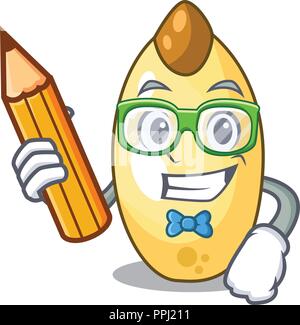 Student with book character brown cedar nut fruit on plate Stock Vector
