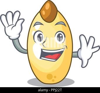 Waving character brown cedar nut fruit on plate Stock Vector