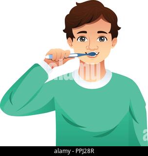 A vector illustration of Young Man Brushing His Teeth Stock Vector