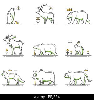 A vector illustration of Winter Animals Cartoon in Outline Set Stock Vector