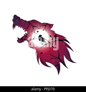 Werewolf, wolf, dog, raven, crow - paper illustration. Stock Vector