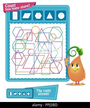 educational game iq for kids and adults. Task game - count how many shapes Stock Vector