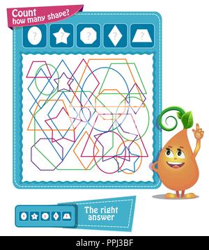 educational game iq for kids and adults. Task game - count how many shapes Stock Vector