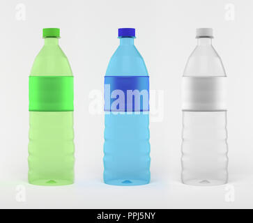 various color drinking water bottle with empty label, 3D rendering Stock Photo