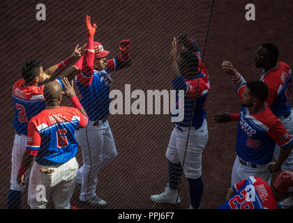 Dayron Varona de los Criollos de Caguas de Puerto Rico celebra humerun en el cierre del quinto inning , durante el partido de beisbol de la Serie del Stock Photo