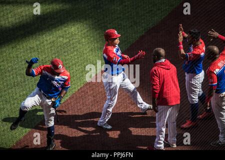 Dayron Varona de los Criollos de Caguas de Puerto Rico celebra humerun con Irving Falu (15) y Jesmuel Valentin (3) en el cierre del quinto inning , d Stock Photo