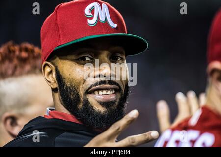 Jonatah Aceves de los Tomateros de Culiacan en la ceremonia de inicio del partido de beisbol Águilas Cibaeñas de Republica Dominicana, durante la Seri Stock Photo