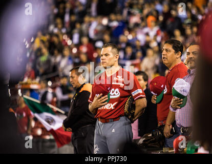 Jonatah Aceves de los Tomateros de Culiacan en la ceremonia de inicio del partido de beisbol Águilas Cibaeñas de Republica Dominicana, durante la Seri Stock Photo